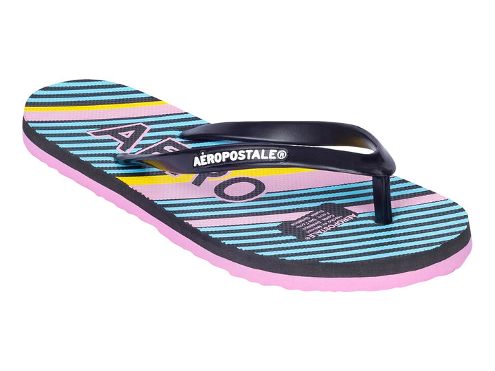Sandalias Aéropostale con diseño de rayas multicolores en azul, amarillo y negro con suela rosa.