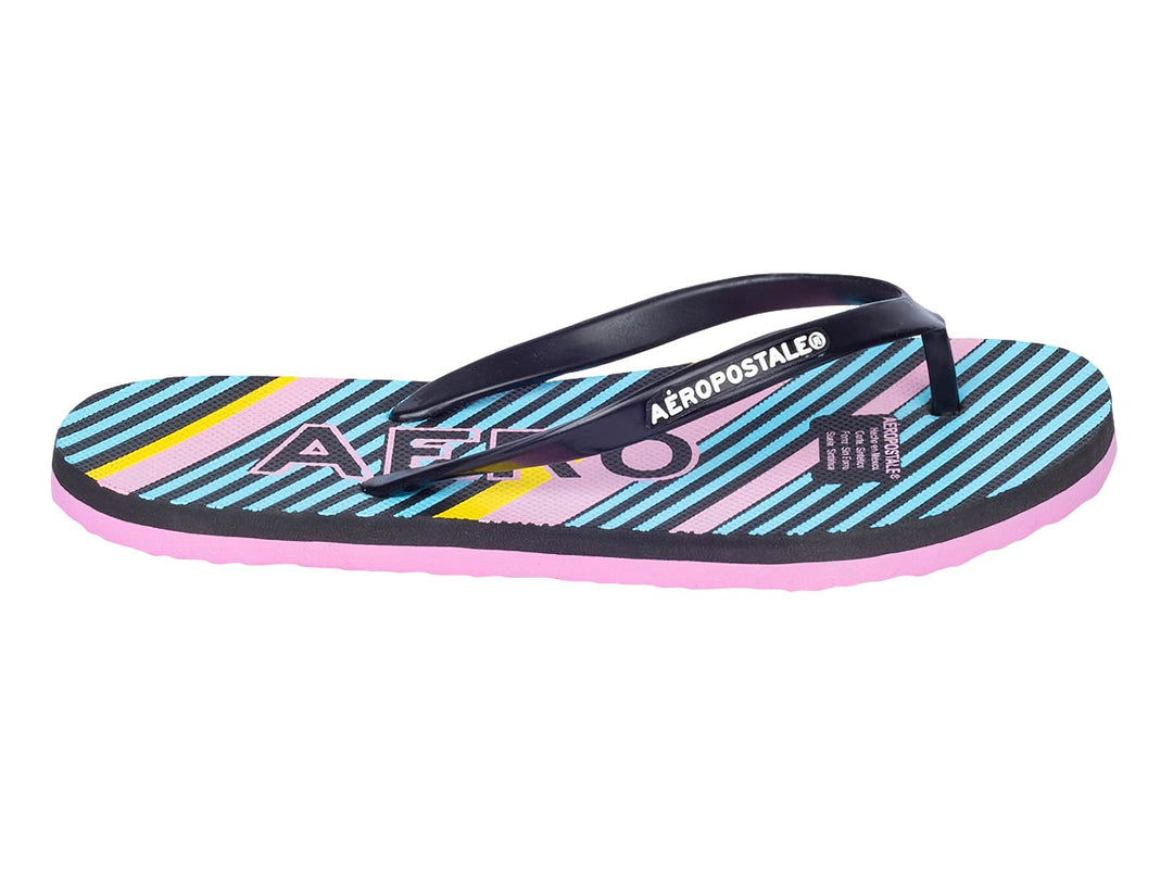 Sandalias Aéropostale con diseño de rayas multicolores en azul, amarillo y negro con suela rosa.
