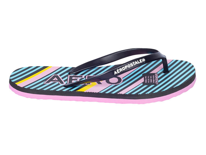 Sandalias Aéropostale con diseño de rayas multicolores en azul, amarillo y negro con suela rosa.