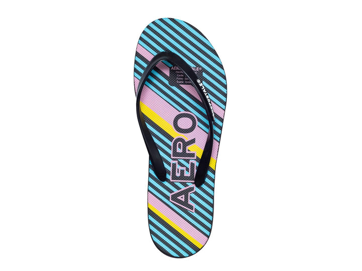 Sandalias Aéropostale con diseño de rayas multicolores en azul, amarillo y negro con suela rosa.