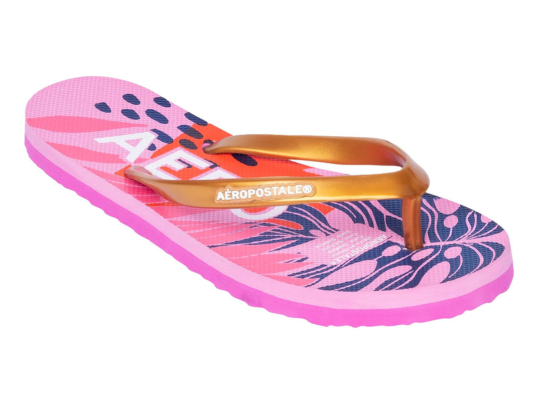 Sandalia de dedo Aeropostale en color rosa claro con tiras doradas y diseño estampado colorido.