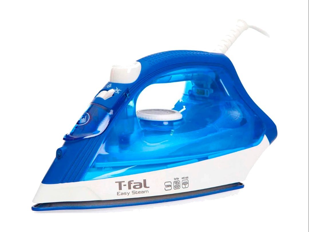 Plancha de vapor T-fal Easy Steam en color azul marino y blanco con tanque de agua transparente.