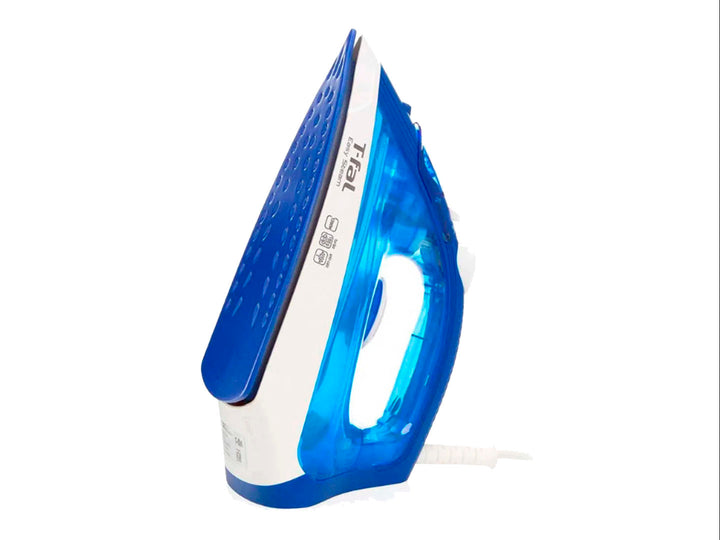 Plancha de vapor T-fal Easy Steam en color azul marino y blanco con tanque de agua transparente.