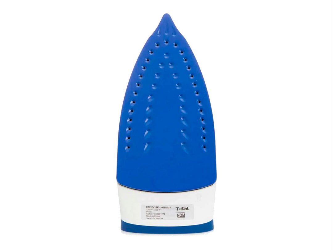 Plancha de vapor T-fal Easy Steam en color azul marino y blanco con tanque de agua transparente.