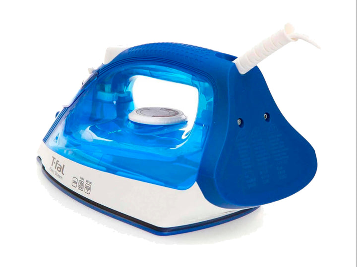 Plancha de vapor T-fal Easy Steam en color azul marino y blanco con tanque de agua transparente.