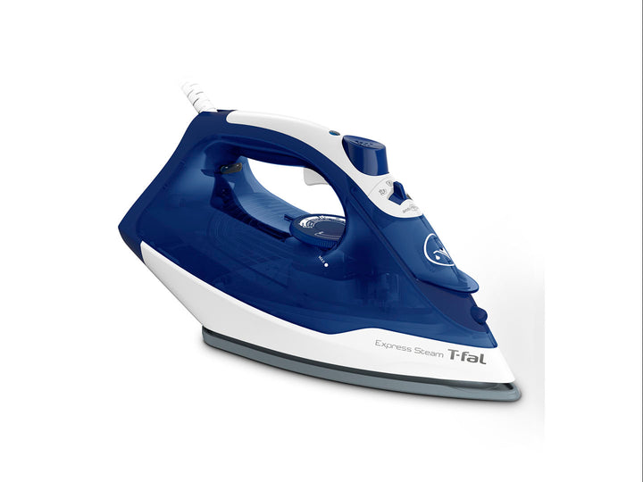 Plancha de vapor T-fal en colores azul y blanco con suela gris metálica sobre fondo blanco.