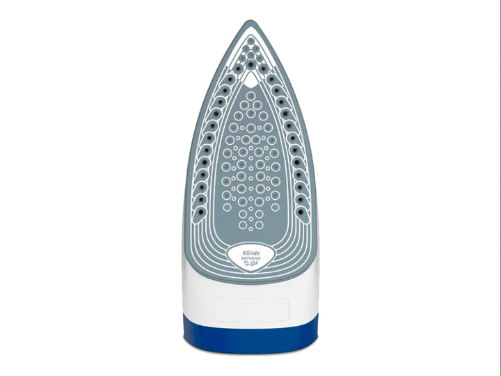 Plancha de vapor T-fal en colores azul y blanco con suela gris metálica sobre fondo blanco.