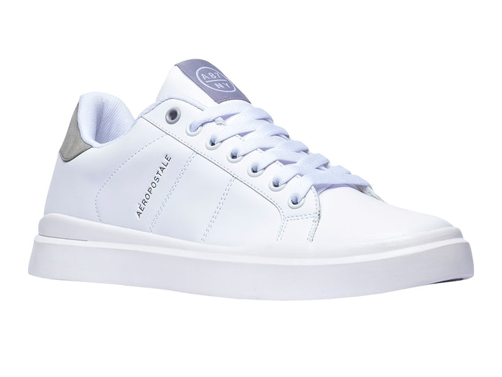 Tenis blancos de Aeropostale con detalles en gris y suela blanca.