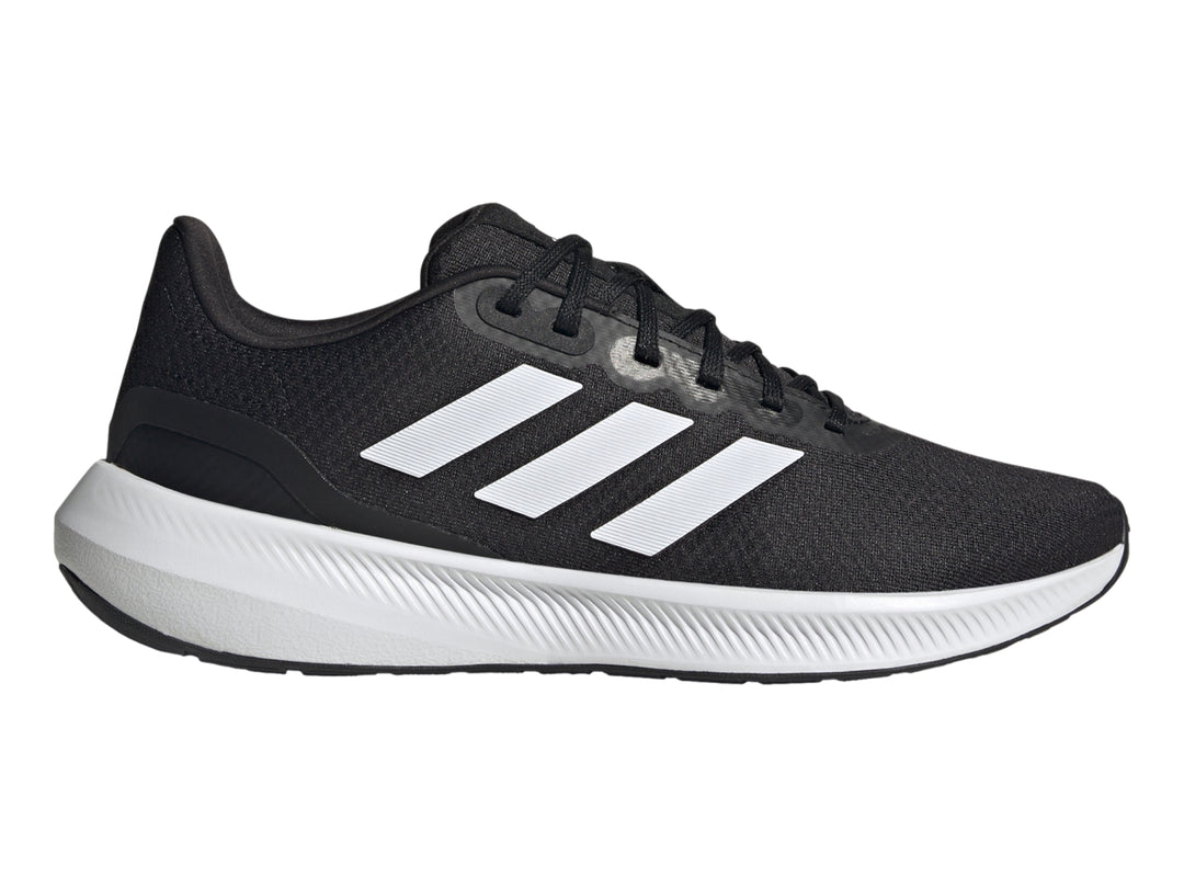 Tenis deportivos Adidas Runfalcon 3.0 color negro con suela y franjas blancas.