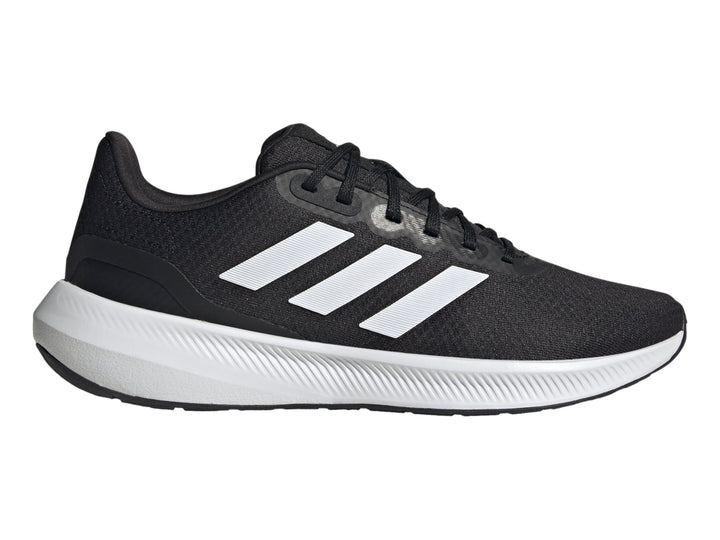 Tenis deportivos Adidas Runfalcon 3.0 color negro con suela y franjas blancas.