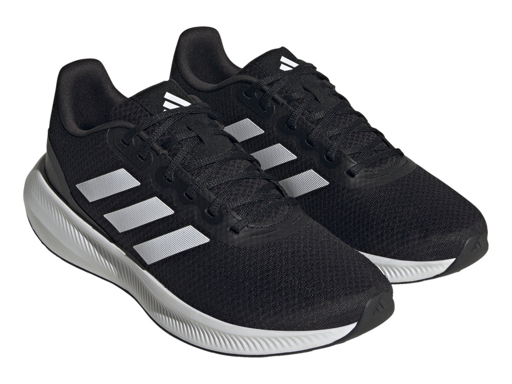 Tenis deportivos Adidas Runfalcon 3.0 color negro con suela y franjas blancas.