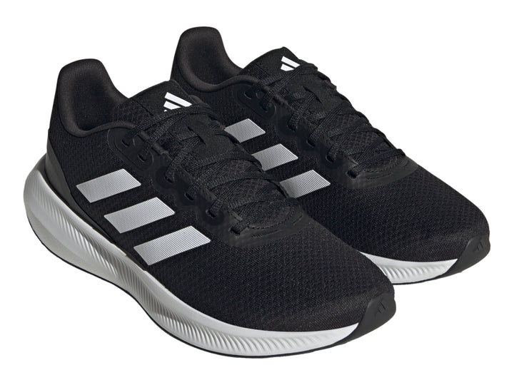 Tenis deportivos Adidas Runfalcon 3.0 color negro con suela y franjas blancas.
