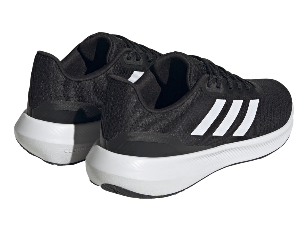 Tenis deportivos Adidas Runfalcon 3.0 color negro con suela y franjas blancas.
