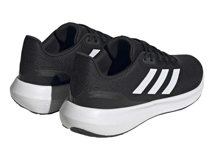 Tenis deportivos Adidas Runfalcon 3.0 color negro con suela y franjas blancas.