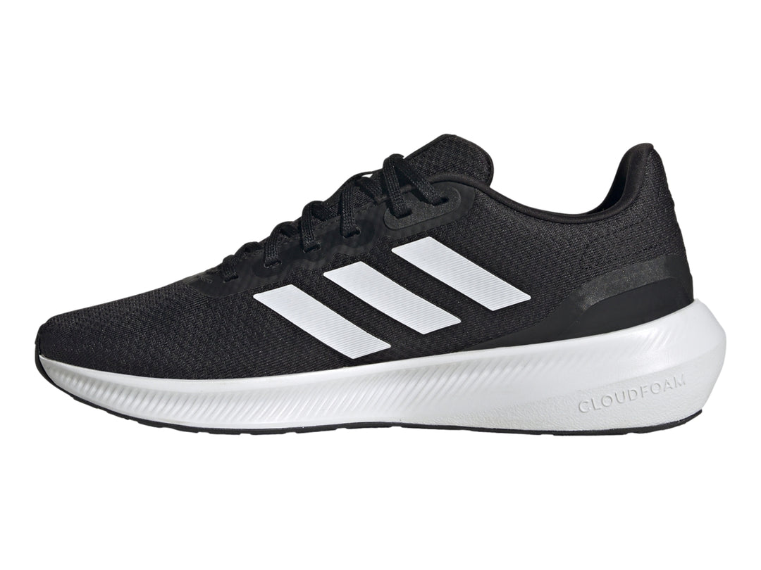 Tenis deportivos Adidas Runfalcon 3.0 color negro con suela y franjas blancas.