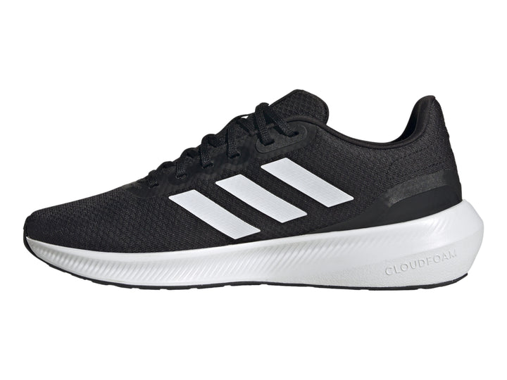 Tenis deportivos Adidas Runfalcon 3.0 color negro con suela y franjas blancas.