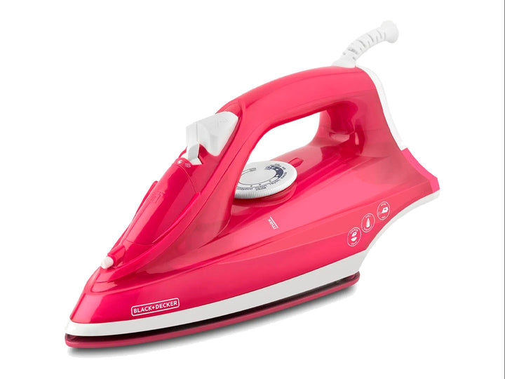 Plancha de vapor Black and Decker en color rosa fucsia con detalles en blanco y suela metálica.
