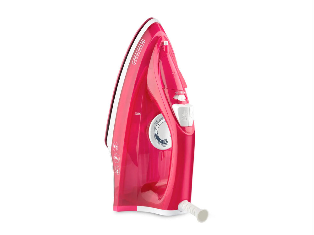 Plancha de vapor Black and Decker en color rosa fucsia con detalles en blanco y suela metálica.