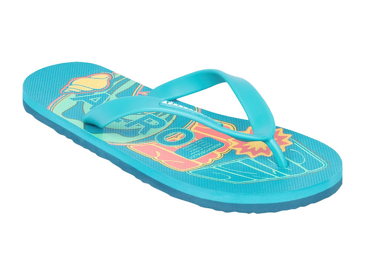 Sandalias tipo flip-flop color verde malibú con diseños coloridos en la plantilla.
