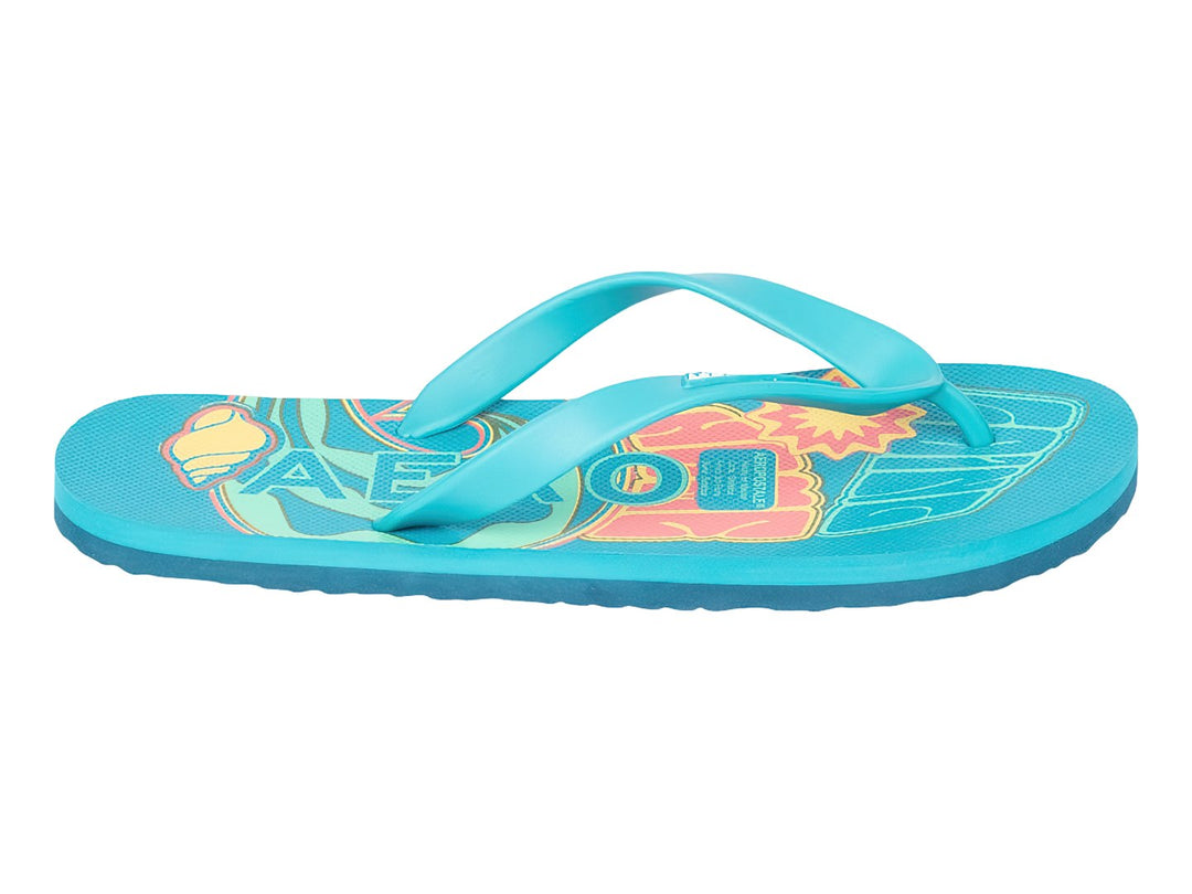 Sandalias tipo flip-flop color verde malibú con diseños coloridos en la plantilla.