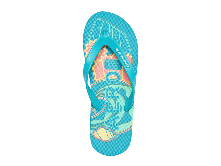 Sandalias tipo flip-flop color verde malibú con diseños coloridos en la plantilla.