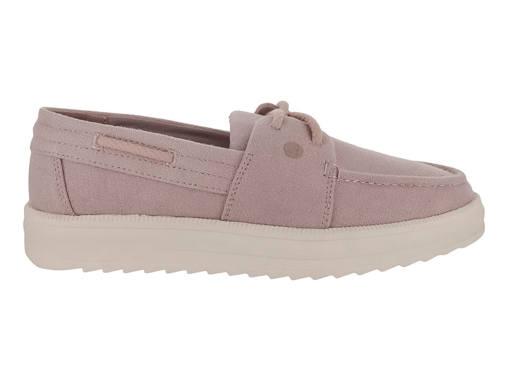 Zapato estilo náutico Sperry en color rosa con suela blanca y cordones decorativos.