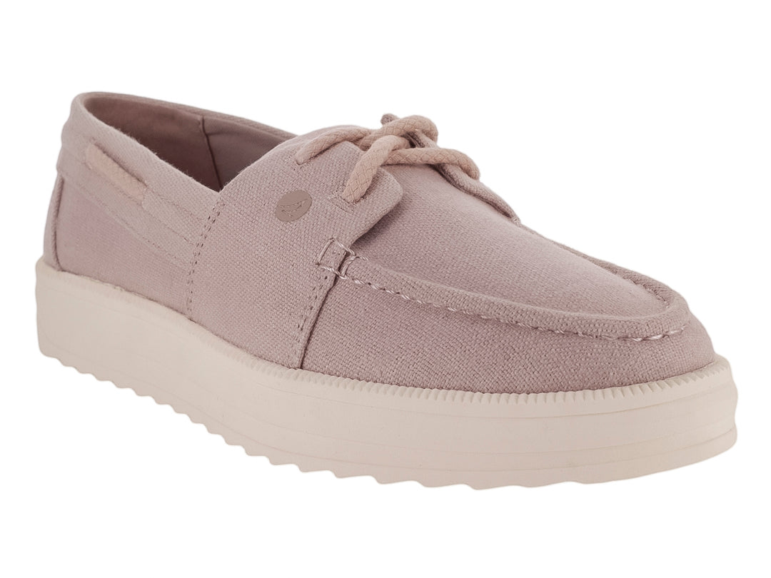 Zapato estilo náutico Sperry en color rosa con suela blanca y cordones decorativos.