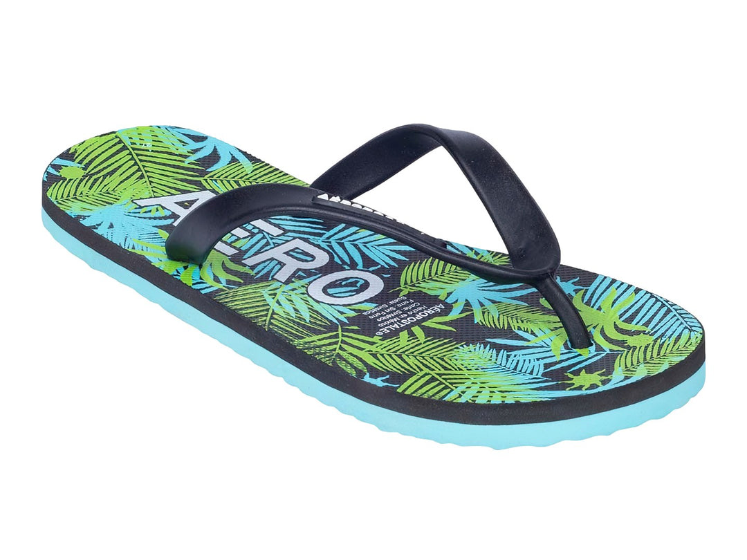 Sandalias Aeropostale con estampado de hojas tropicales verdes y negros y suela azul claro.