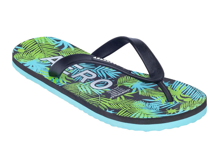 Sandalias Aeropostale con estampado de hojas tropicales verdes y negros y suela azul claro.