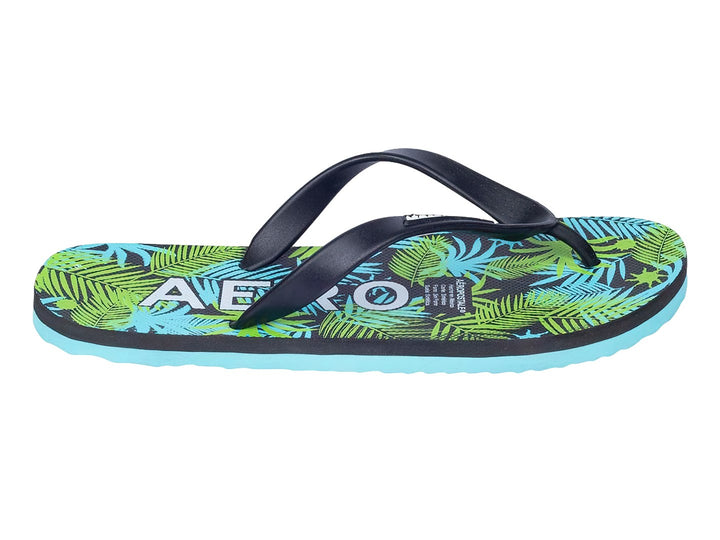 Sandalias Aeropostale con estampado de hojas tropicales verdes y negros y suela azul claro.