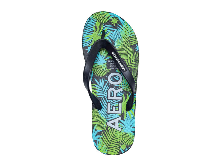 Sandalias Aeropostale con estampado de hojas tropicales verdes y negros y suela azul claro.