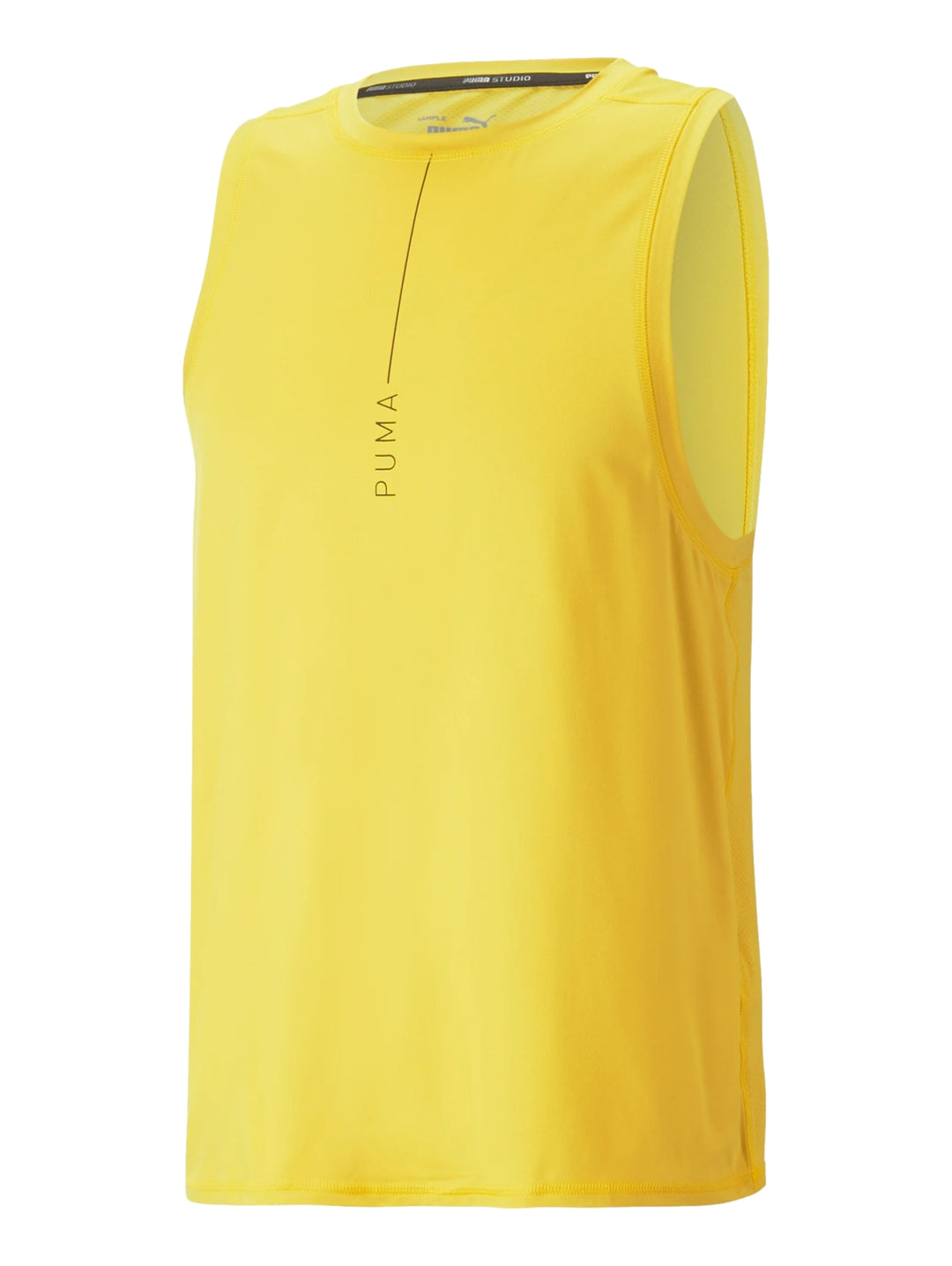 Camiseta deportiva sin mangas PUMA en color amarillo Fresh Pear con logotipo vertical en el pecho.