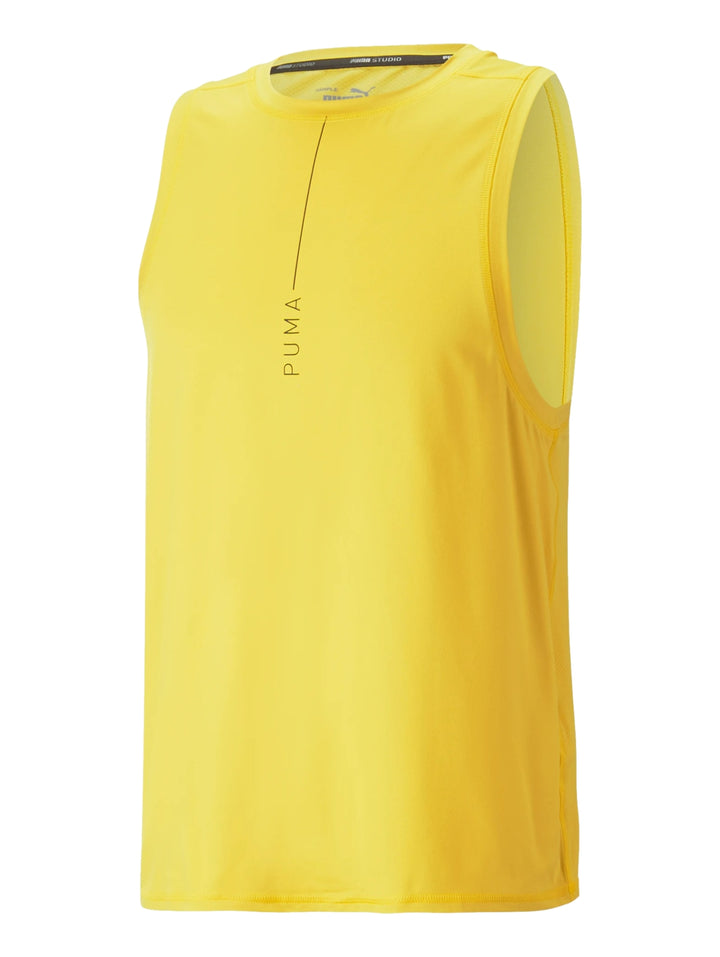 Camiseta deportiva sin mangas PUMA en color amarillo Fresh Pear con logotipo vertical en el pecho.
