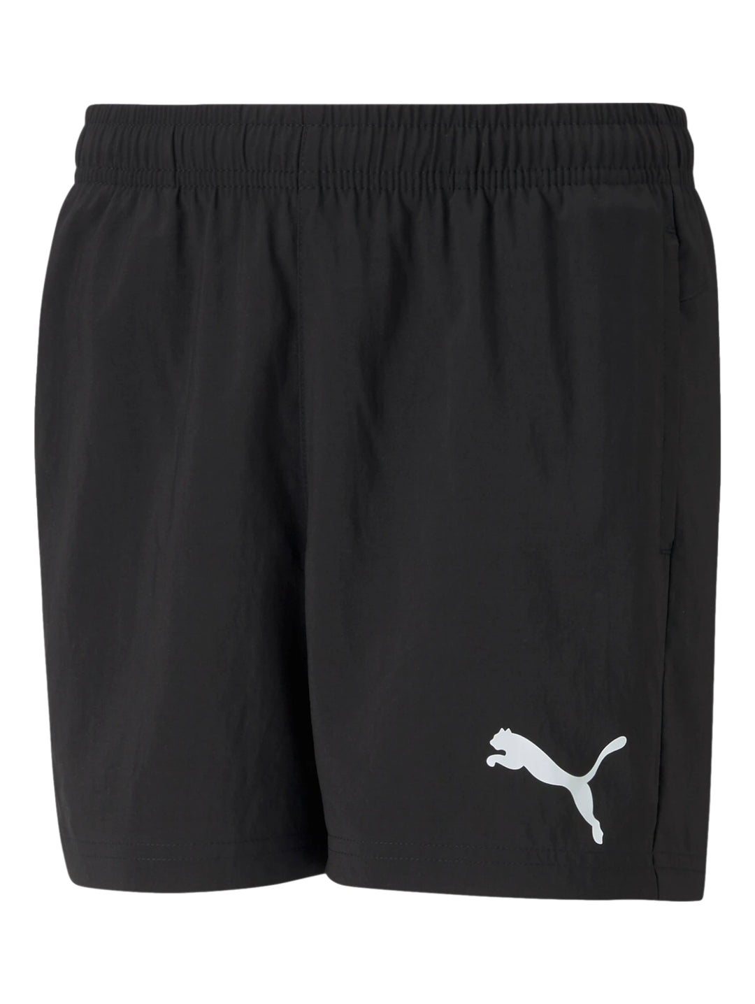 Pantalones cortos deportivos PUMA de color negro con logotipo blanco en la pierna izquierda.