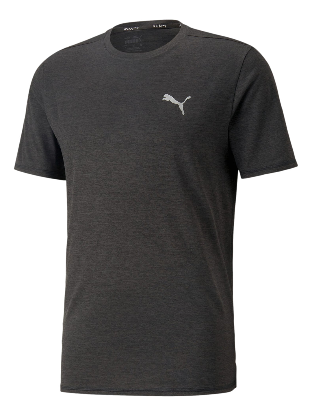 Camiseta deportiva PUMA de manga corta color negro heather con logotipo en el pecho.