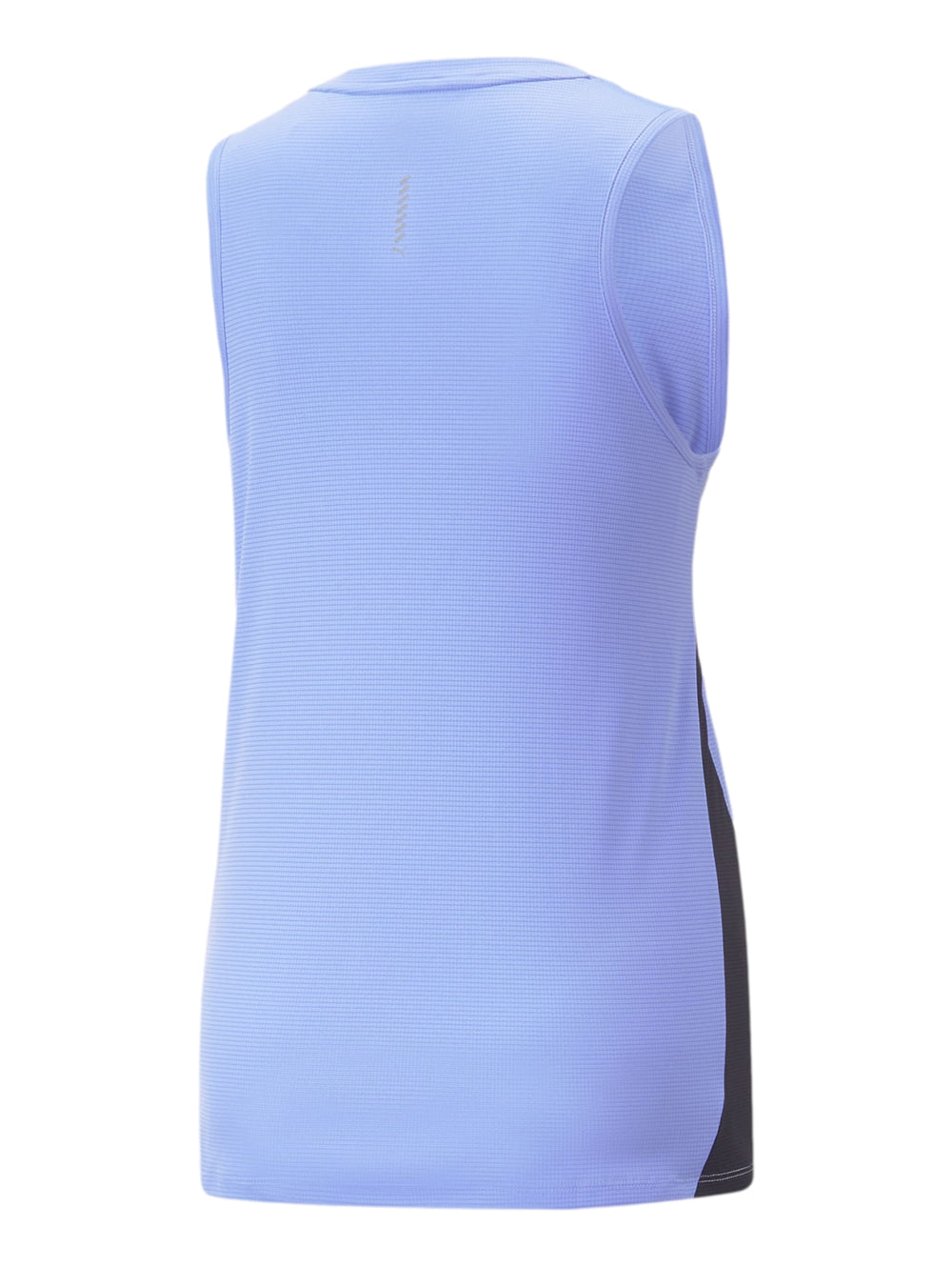Camiseta deportiva sin mangas PUMA en color morado elektro con paneles laterales negros.