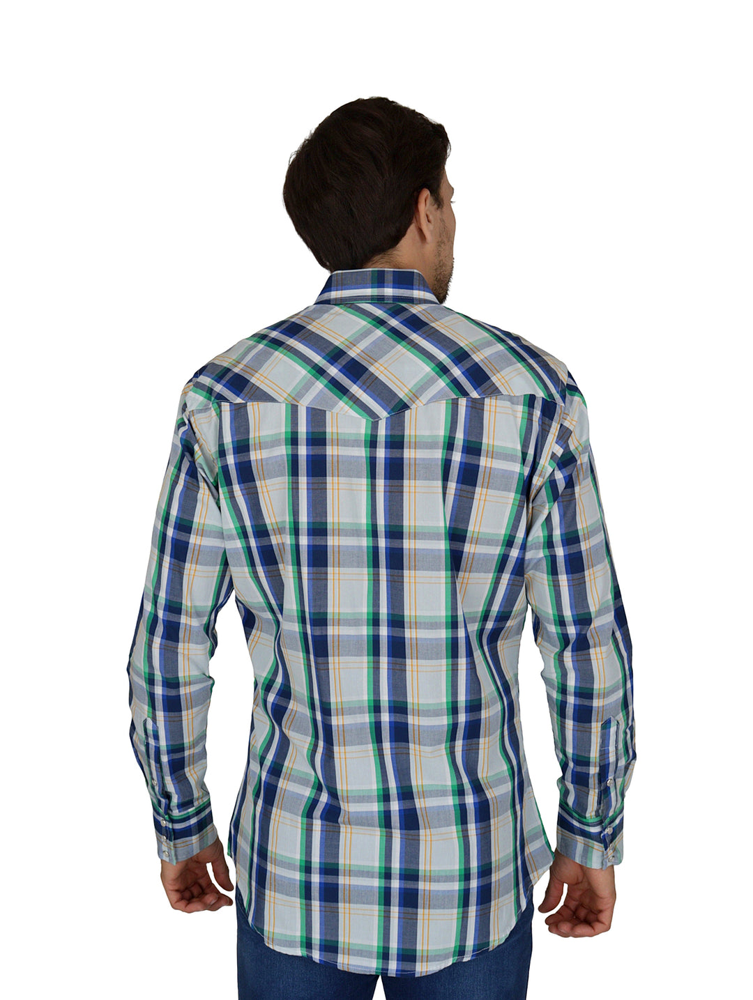 Camisa de manga larga Wrangler con estampado de cuadros en colores azul marino, verde y blanco.