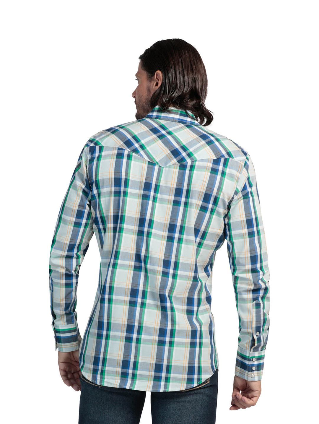 Camisa de manga larga Wrangler con estampado de cuadros en colores azul marino, verde y blanco.