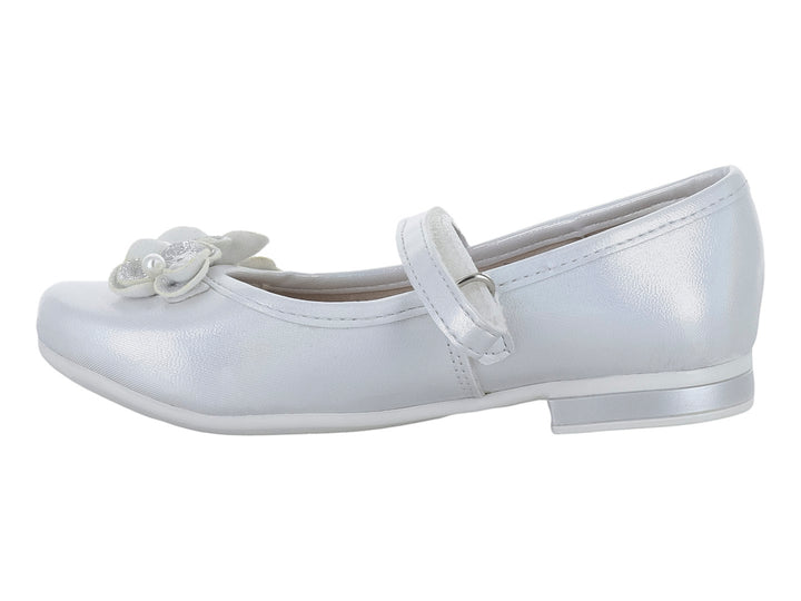 Zapato plano blanco para Niña con correa y adornos de flores con perlas.