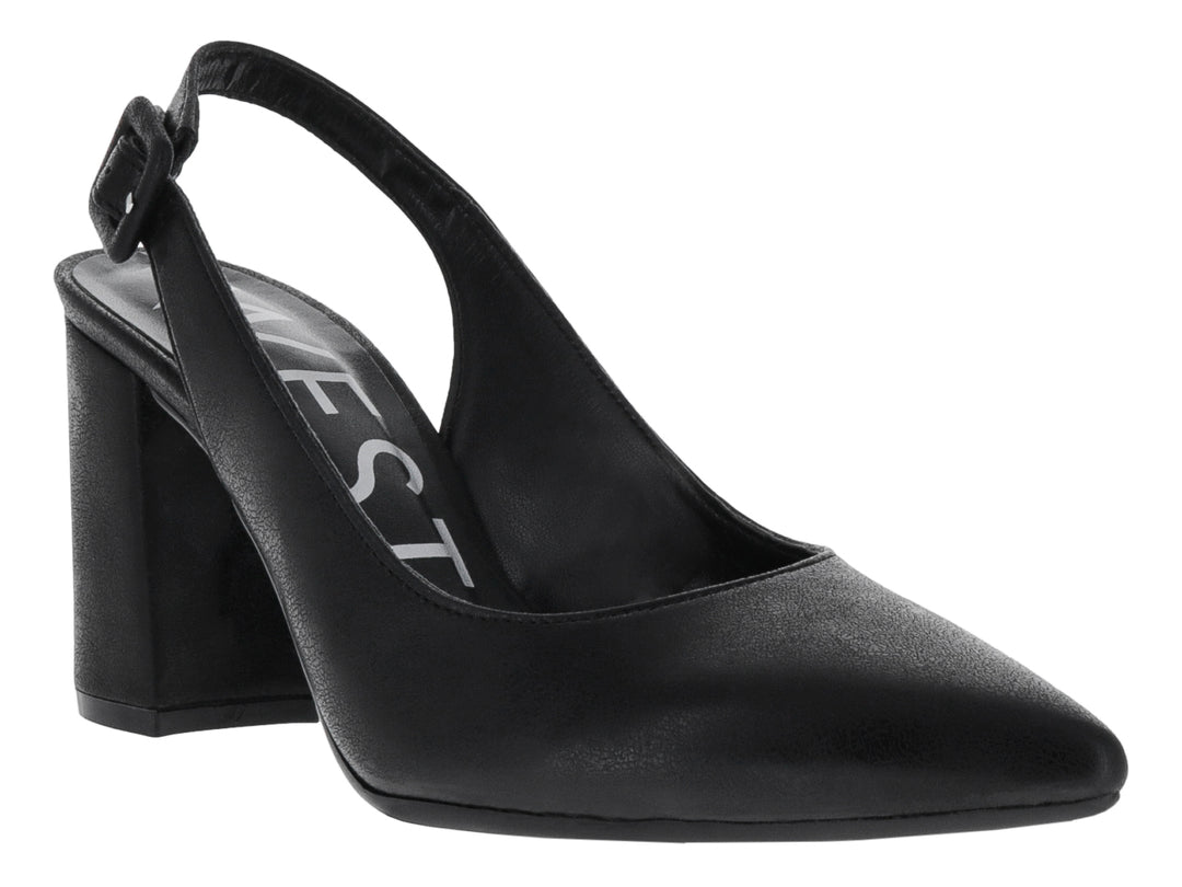 Zapatilla negra de tacón cuadrado y correa posterior para mujer.