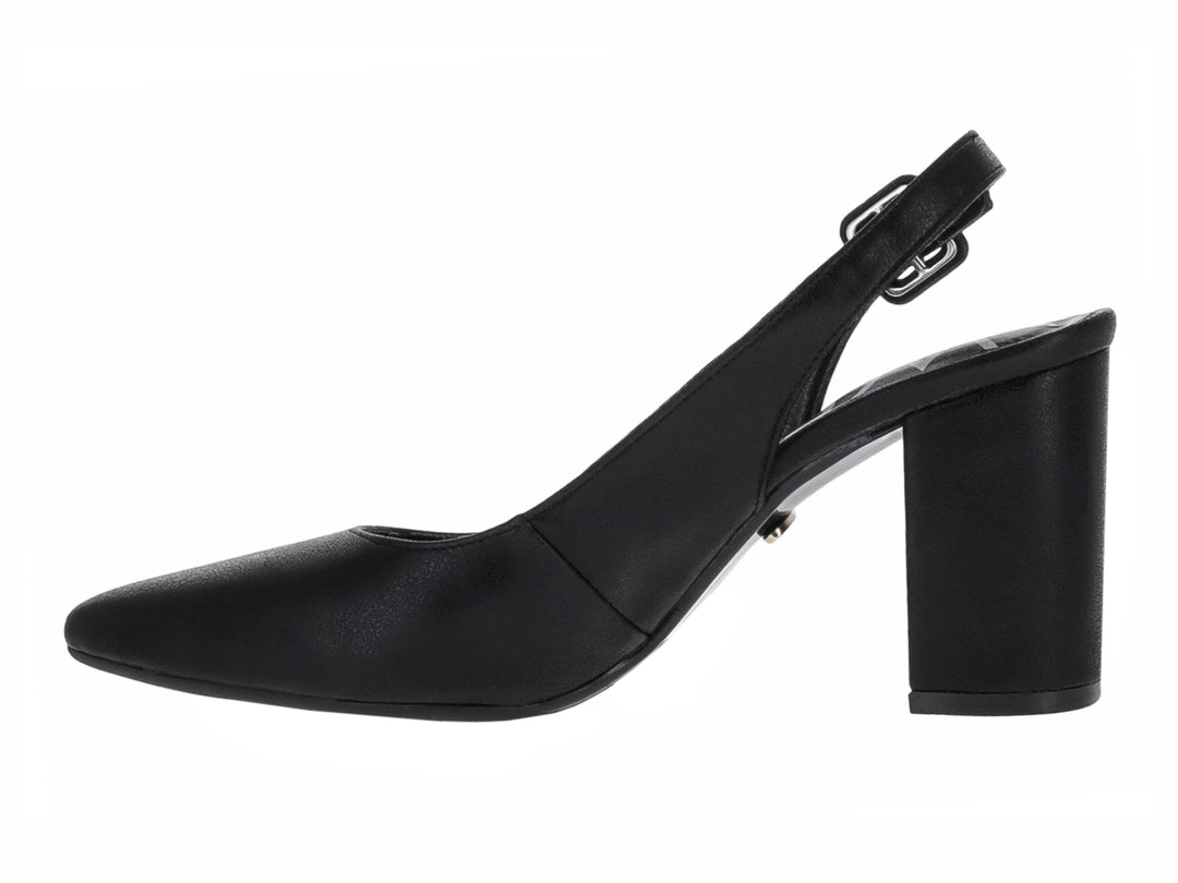 Zapatilla negra de tacón cuadrado y correa posterior para mujer.