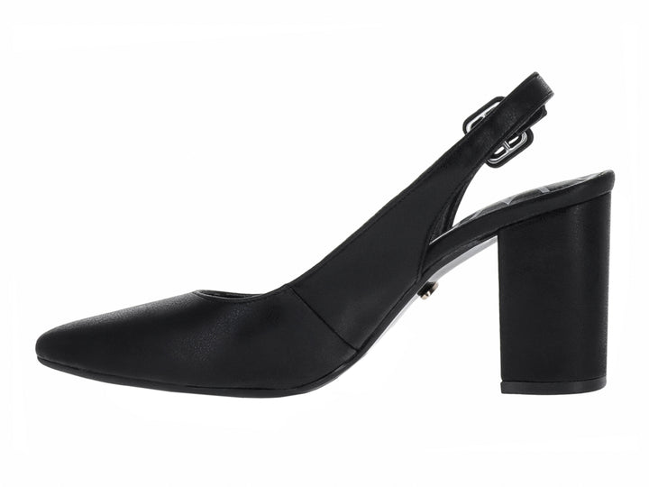 Zapatilla negra de tacón cuadrado y correa posterior para mujer.