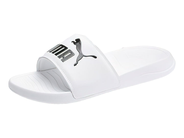 Sandalias PUMA Popcat en color blanco con logotipo negro en la banda superior.