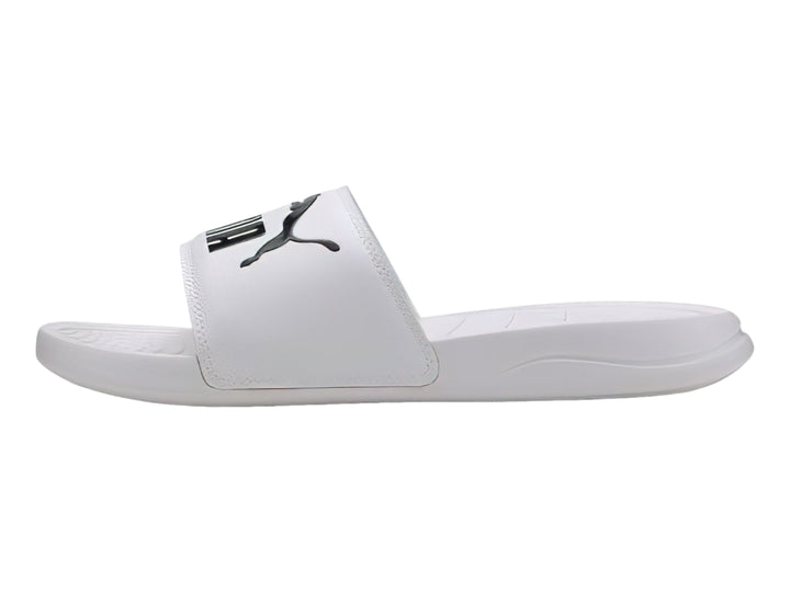 Sandalias PUMA Popcat en color blanco con logotipo negro en la banda superior.