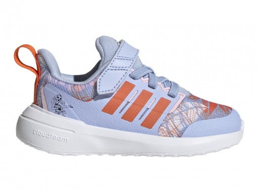Tenis deportivos Adidas Fortarun 2.0 Moana en color azul con detalles naranjas y suela blanca para niña.