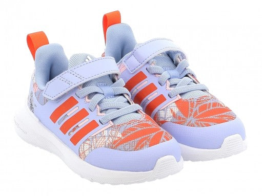 Tenis deportivos Adidas Fortarun 2.0 Moana en color azul con detalles naranjas y suela blanca para niña.