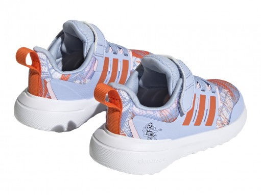 Tenis deportivos Adidas Fortarun 2.0 Moana en color azul con detalles naranjas y suela blanca para niña.