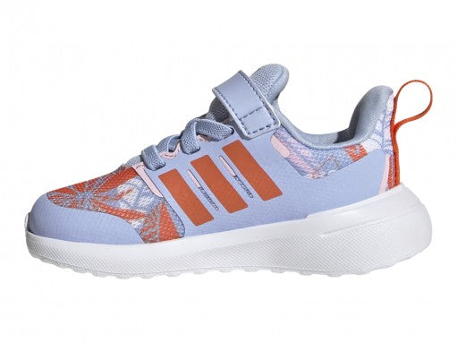 Tenis deportivos Adidas Fortarun 2.0 Moana en color azul con detalles naranjas y suela blanca para niña.