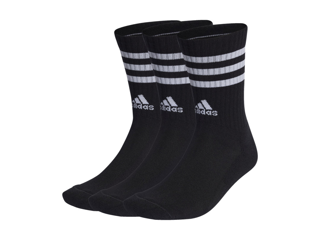 Paquete de tres pares de calcetines Adidas color negro con tres franjas blancas en la parte superior y logo blanco.