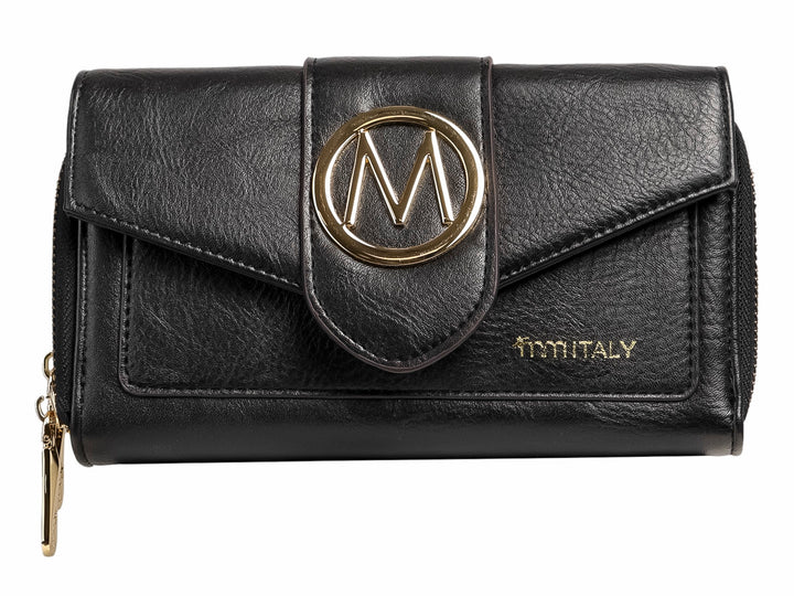 Bolso estilo cartera color negro con herrajes dorados y logotipo circular central.